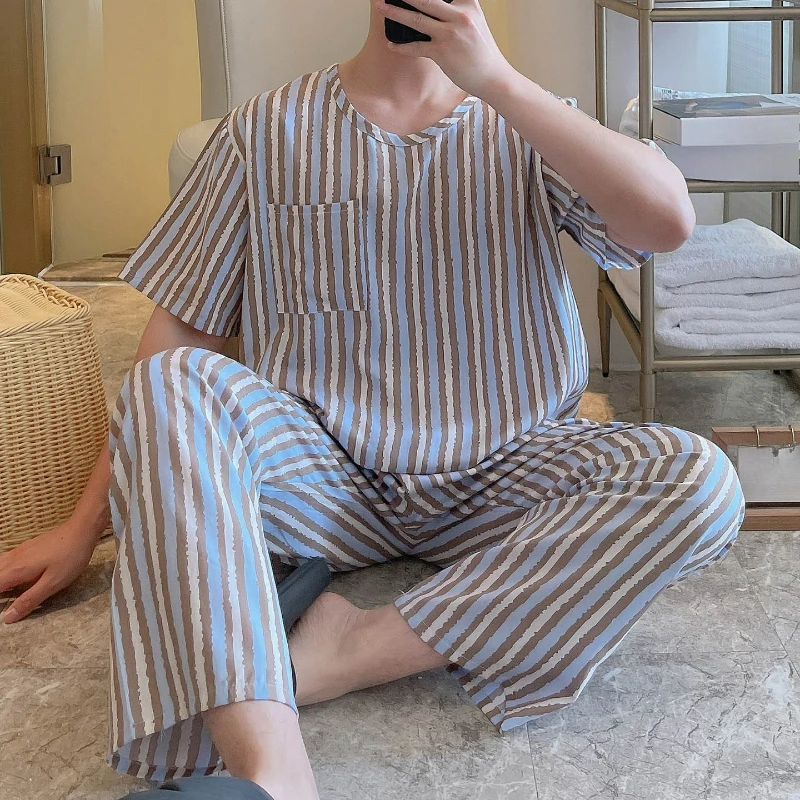 

New Men's Pajamas Summer Thin Cotton and Silk Loose Short-sleeved Trousers Loungewear Suit Casual Suit Skin-friendly Breathable