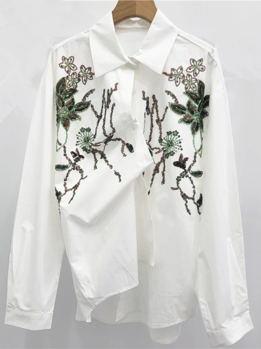 GALCAUR solide épissé paillettes chemise femme revers à manches longues conception ample tempérament femmes chemises automne mode nouveau Style