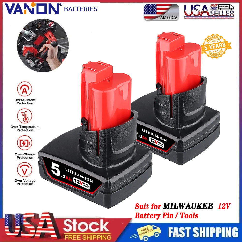 

VANON 2Pcs 12V 5.5Ah M12 Li-on Replace for Milwaukee Battery Pin Compatible with 12Volt 48-11-2401 48-11-2420 48-11-2411 Tools