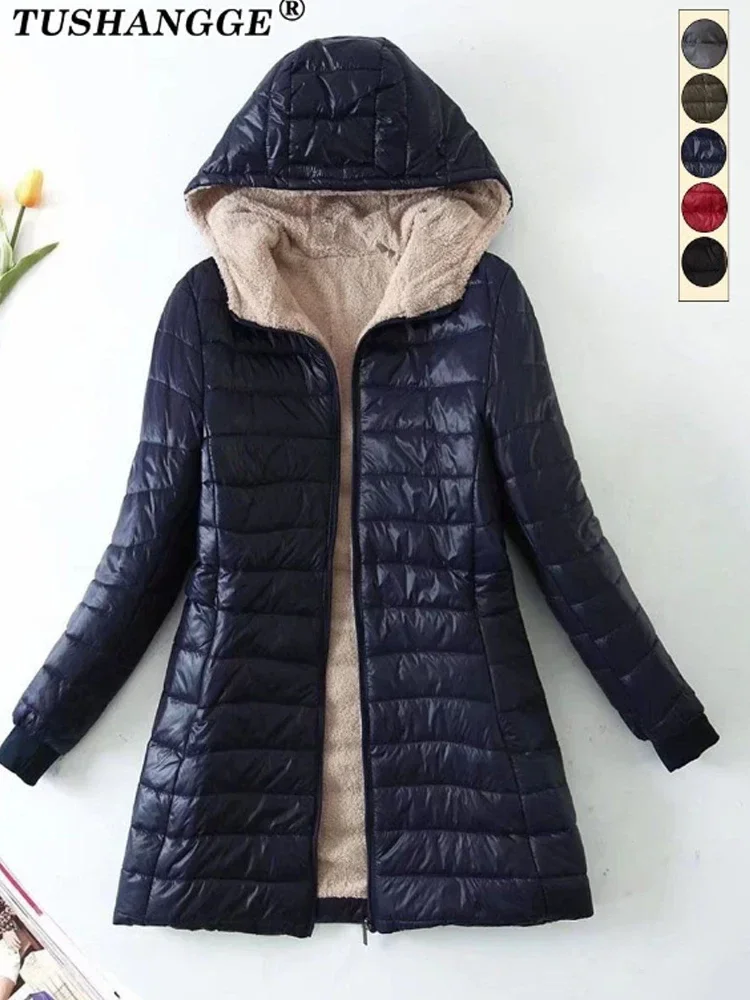 2024 Winter Mid-Length Solid Color Hooded Jacket Women Lightweight Plush Lining Ladies Parka Loose Female Zipper Casual Outwear