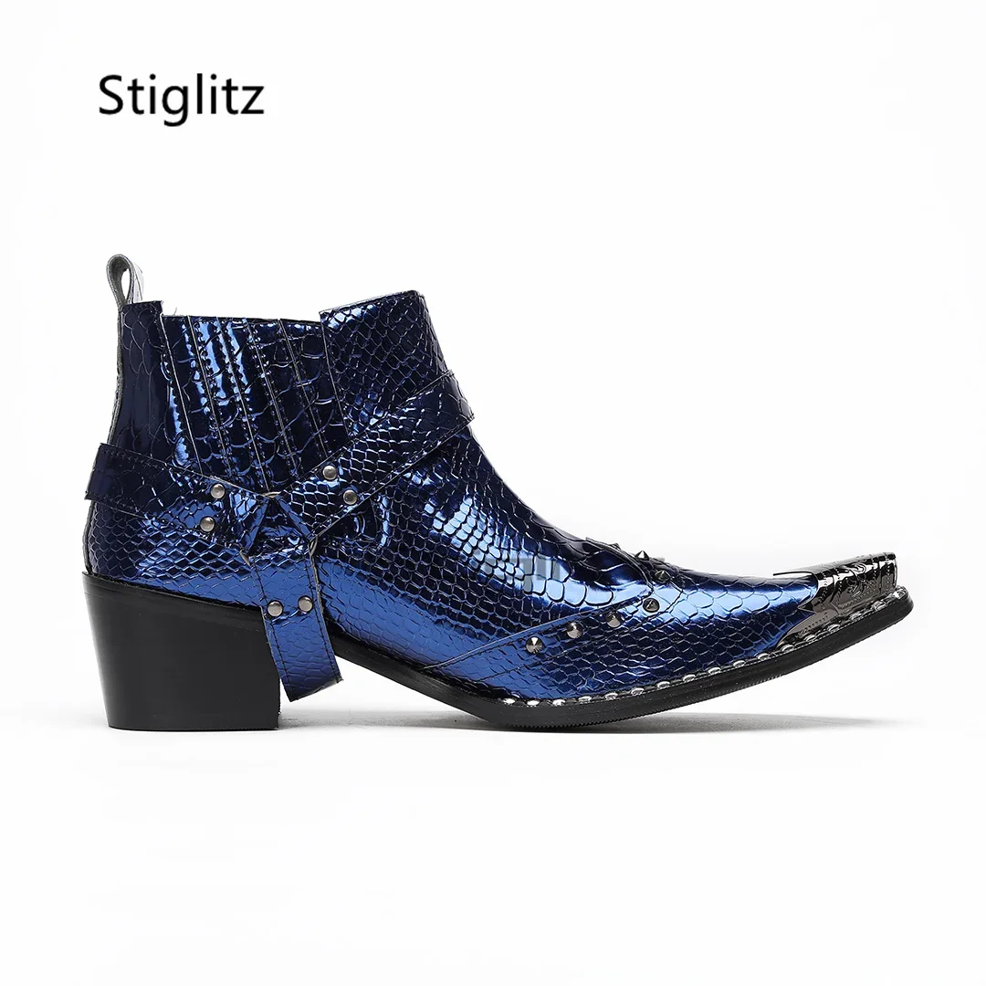 Men's Blue Rivet Chelsea Boots Snake Pattern Metal Pointed Toe Genuine Leather Ankle Boots High Heels Autumn Business Shoes