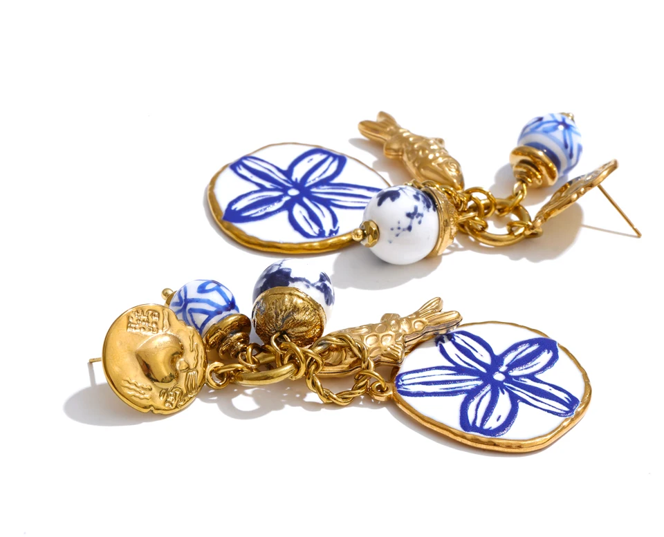 Yhpup Exklusiver Stil Edelstahl-Keramikperlen-Blumen-Tropfen-Ohrringe Allergievorbeugend Sommer Goldener Ästhetischer Schmuck – Detail 2
