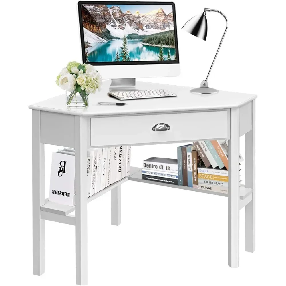 

Corner Desk with Drawer, Storage Shelves for Computer, Makeup Vanity Desk for Small Space, 90 Degrees Triangle Desk