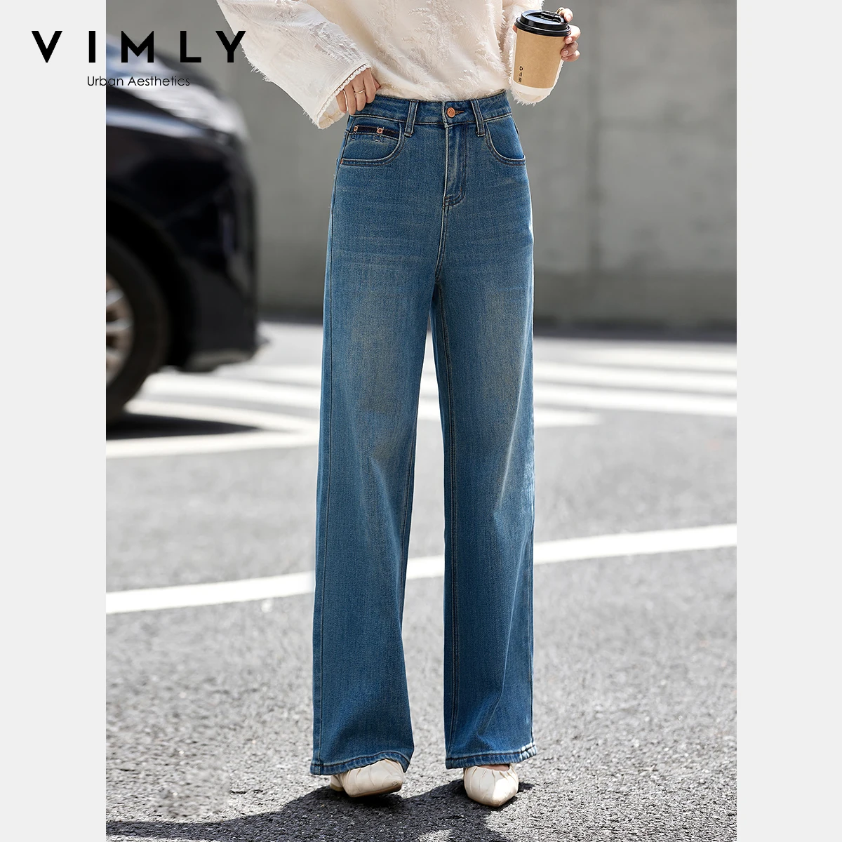 

VIMLY Woman Jeans 2025 Autumn New Vintage Clothes Denim Blue Embroidered Pocket Jeans Casual Straight Long Ladies Trousers 30299