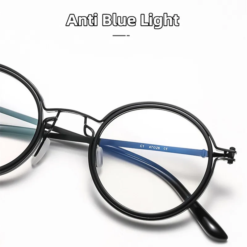 Vintage Fashion Brand Eyeglass Frame Men\'s Round Frame Punk Style Metal Anti Blue Light Computer Reading Glasses Presbyopia