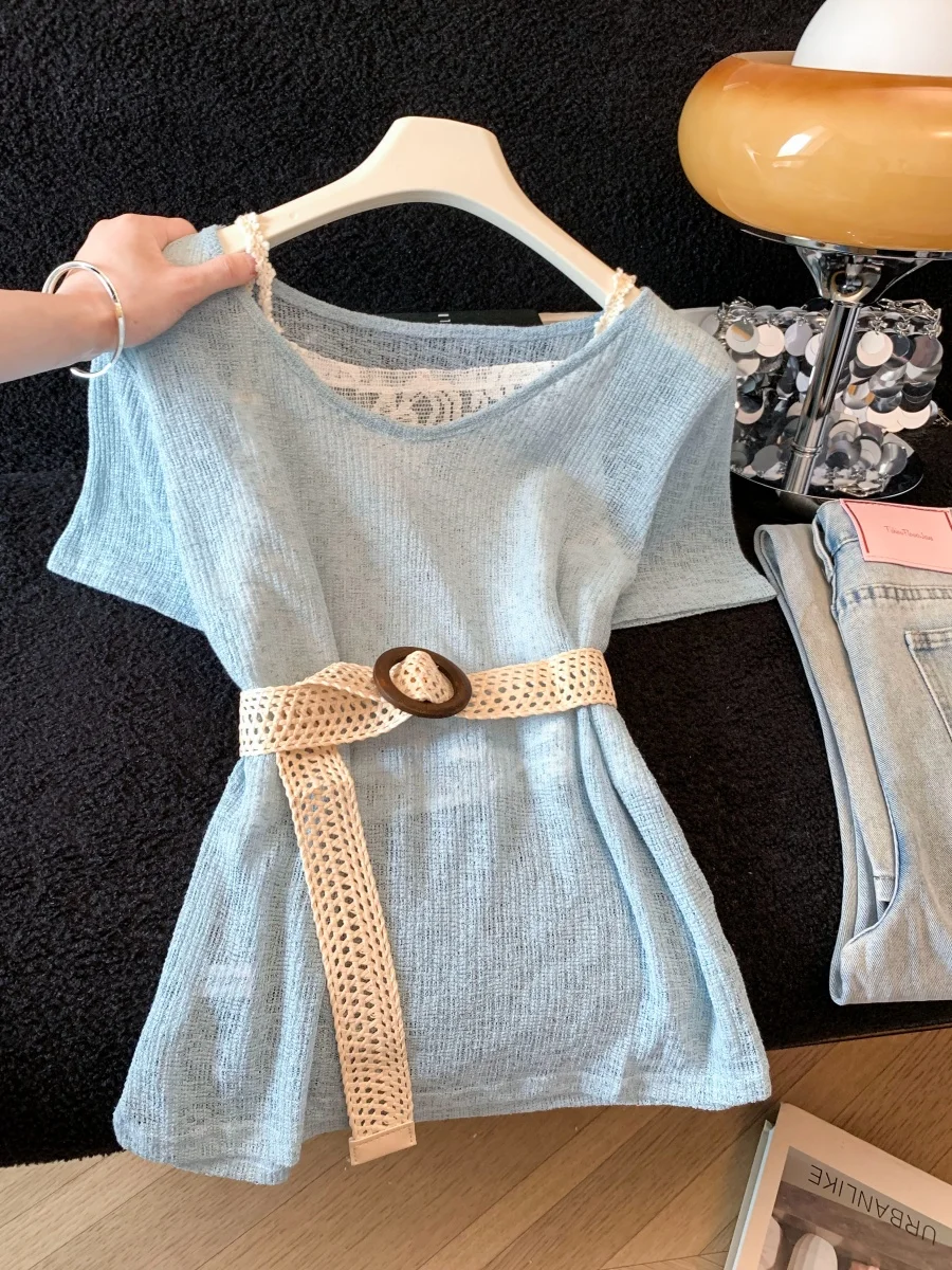 

Summer Lace Trim Thin Mesh T-Shirt Women's Design Sensation Short Sleeve Ice Silk Knitted Top Vacation Style Fake Two-Piece