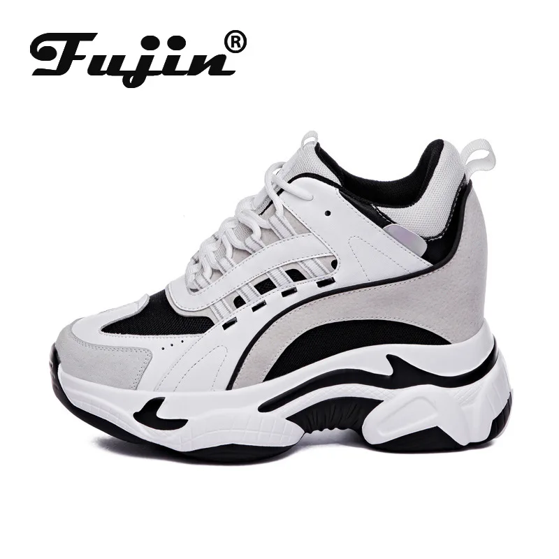 Fujin 9cm Platform Wedge Sneakers Chunky Shoes 9cm Hidden Heel Za Fashion Genuine Leather Comfy Breathable Vulcanized Shoes