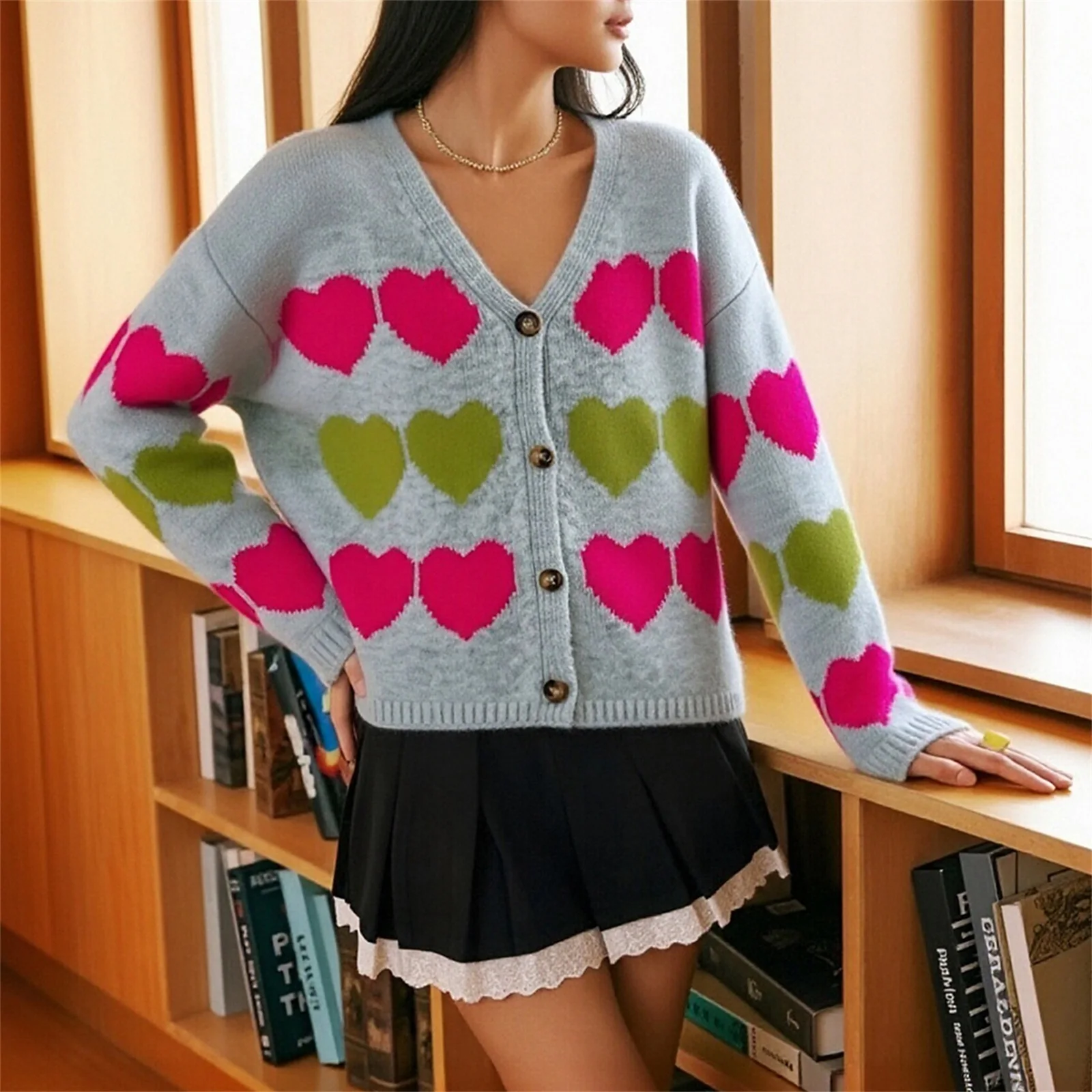 เสื้อคาร์ดิแกนถักติดกระดุมสำหรับผู้หญิง เสื้อแจ็คเก็ตสเวตเตอร์ทรงหลวมคอวีแขนยาวพิมพ์ลายหัวใจสำหรับฤดูใบไม้ผลิ ฤดูใบไม้ร่วง
