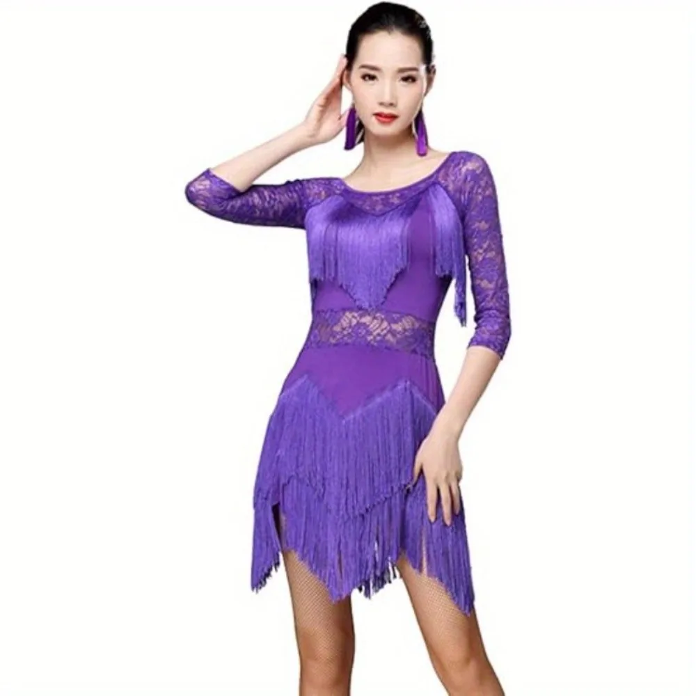 라틴 댄스 드레스, 우아한 레이스 & 프린지 디자인, 대회 및 공연용, 여성용 스트레치 원단 볼룸 댄스 의상