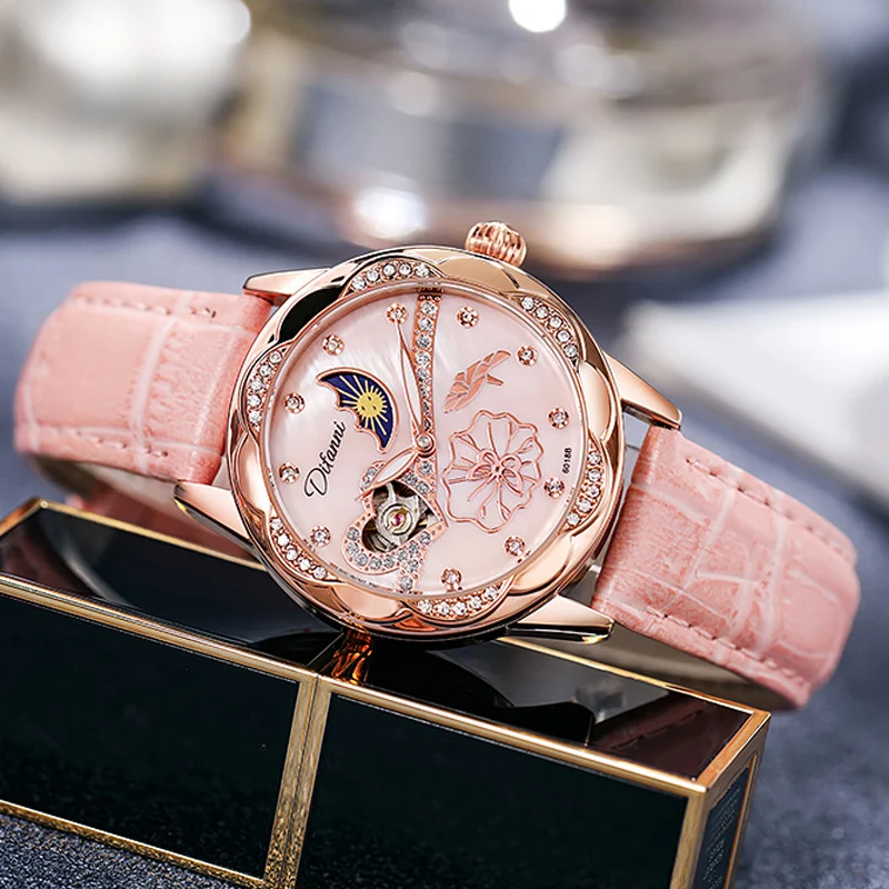 

2023 New Leather Automatic Mechanical Watch Women Brand Luxury Waterproof Watch Elegant Diamond Wrist Watches Gifts Clock