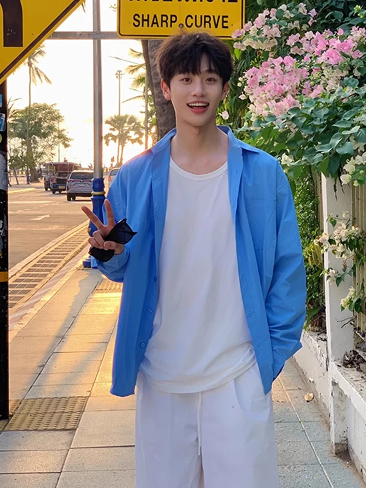 

Молочно-голубая длинная мужская летняя солнцезащитная куртка свободного кроя для подростков, модная и легкая