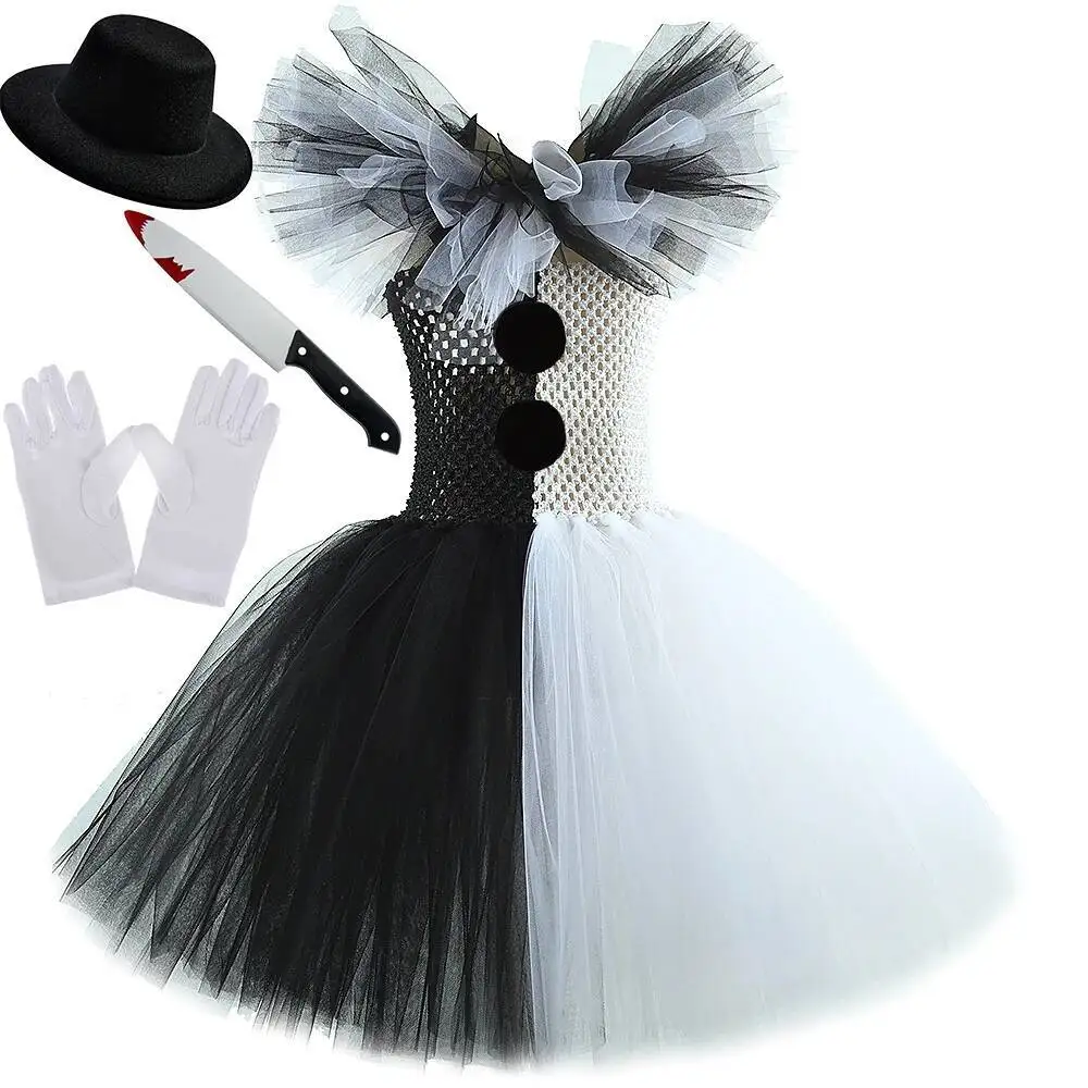 Weiß schwarz terrifier clown kostüme für mädchen gruselig halloween tutu kleid für kinder joker ausgefallene outfit kinder horror kleidung – Detail 10