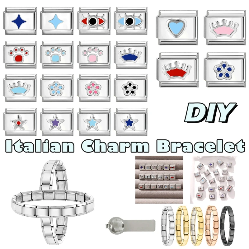 Novos olhos gato pata flores estrela coroa italiano charme links de aço inoxidável caber 9mm pulseira das mulheres dos homens diy fazendo presentes