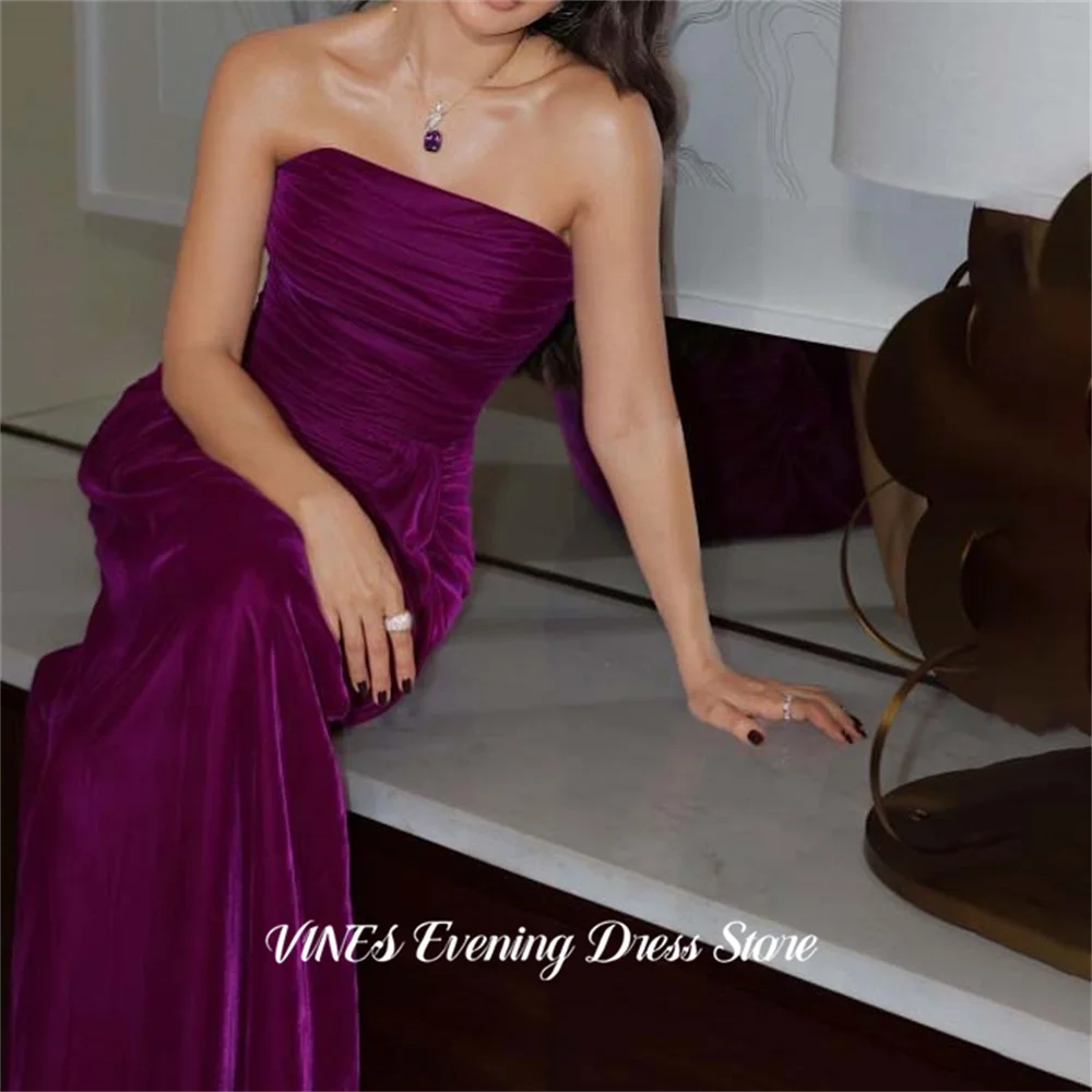 

VINES Purple Velvet Simple Prom Dresses Strapless Mermaid Celebrity Dress with Ruched Floor Length Evening Dress Customized