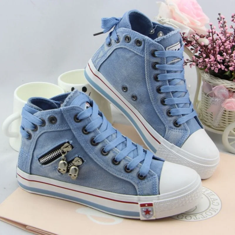 2024 nuove scarpe di tela da donna Retro Lace-Up azzurro Vintage Denim High Top Sneakers decorazione in metallo Casual Zapatilla Mujer