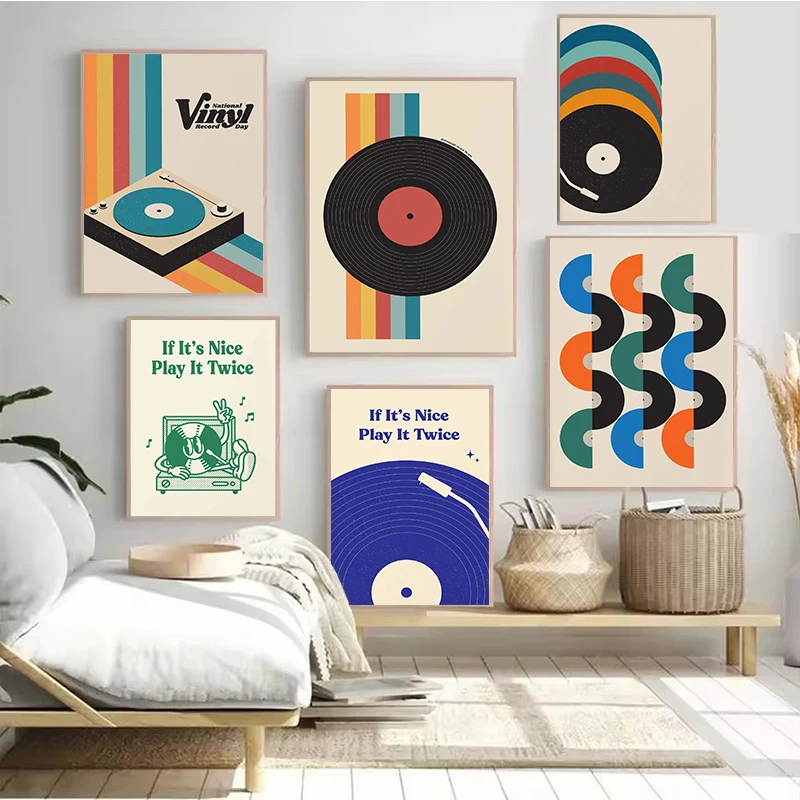 Retro Vinyl Record Print Mid Century Music Minimal Pastel Poster Colorful Wall Art Trendy Minimalist Turntable Room Home Deco