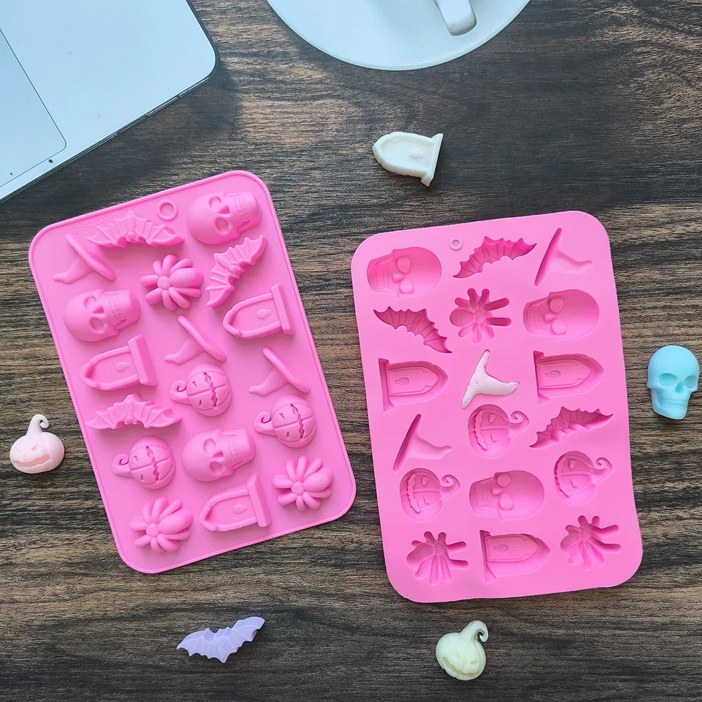 1/3pcs 18 Cavities Halloween Silicone Molds Ghost Pumpkin Bat Skull Witch Hat For DIY Halloween Chocolate Candy Baking Mold