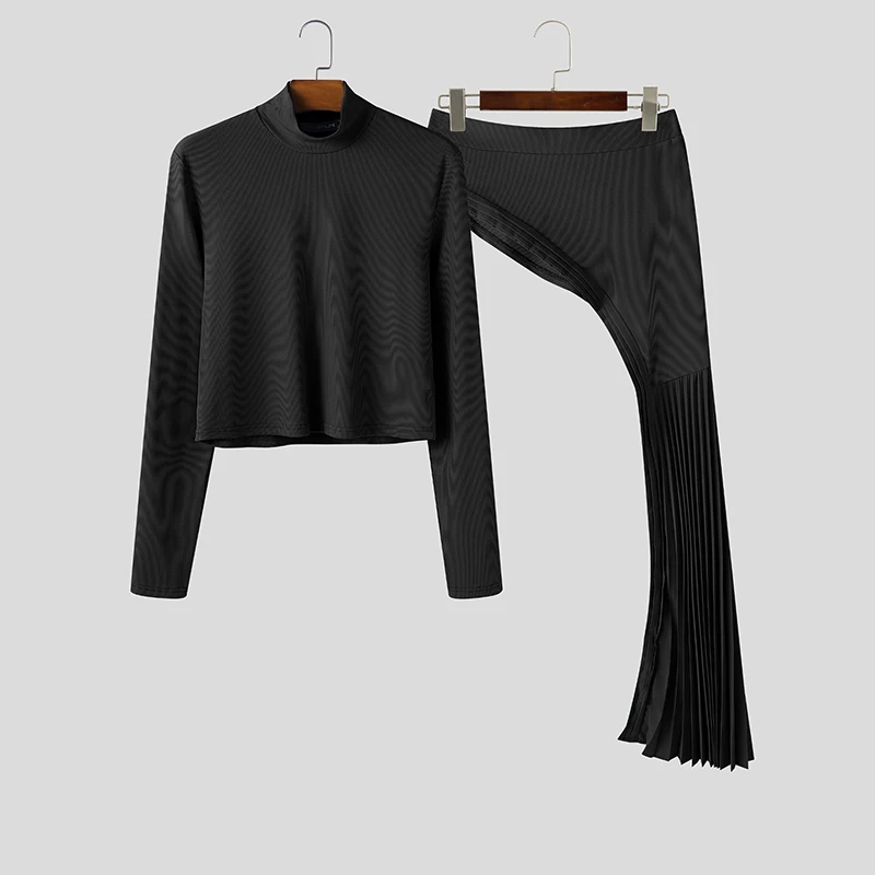 

Мужской костюм INCERUN 2026: укороченный топ с высоким воротом и длинными рукавами в стиле пэчворк и плиссированная юбка асимметричного кроя, 2 предмета, уличная мода