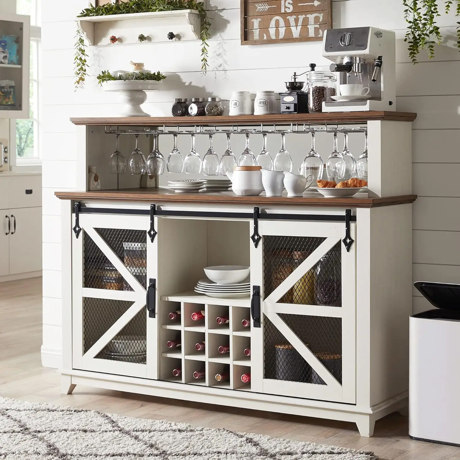 Okd Farmhouse Coffee Bar Cabinet con luci a Led, 55 "" Wine Bar Cabinet con porta scorrevole del fienile e portabottiglie e vetro, cucina