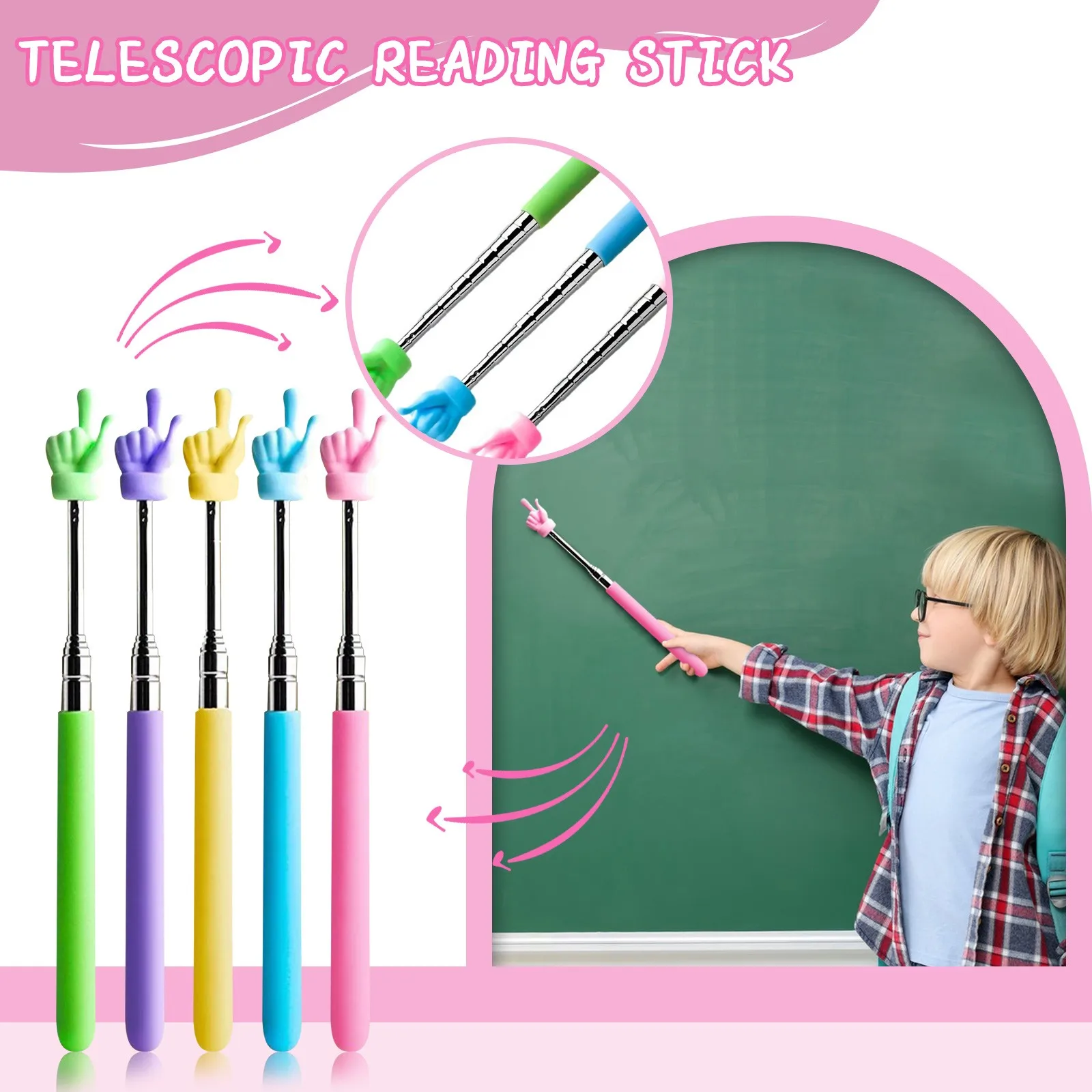 Retractable Teacher Pointer Finger Design StainlessSteel Telescopic School Teaching Pointer Stick Teacher Supplies for Classroom