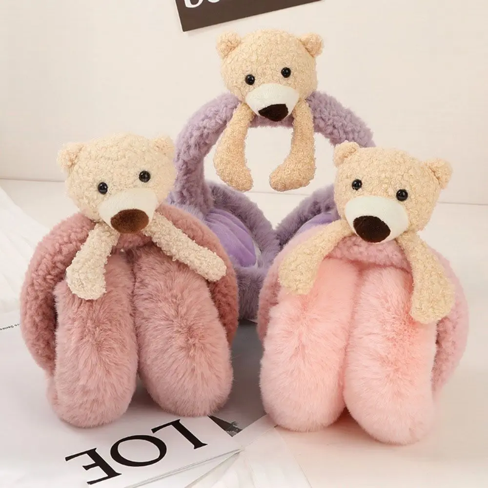 Urso engraçado para feminino, bicho de pelúcia, aba de orelha quente, Earmuff bonito dos desenhos animados, outono e inverno