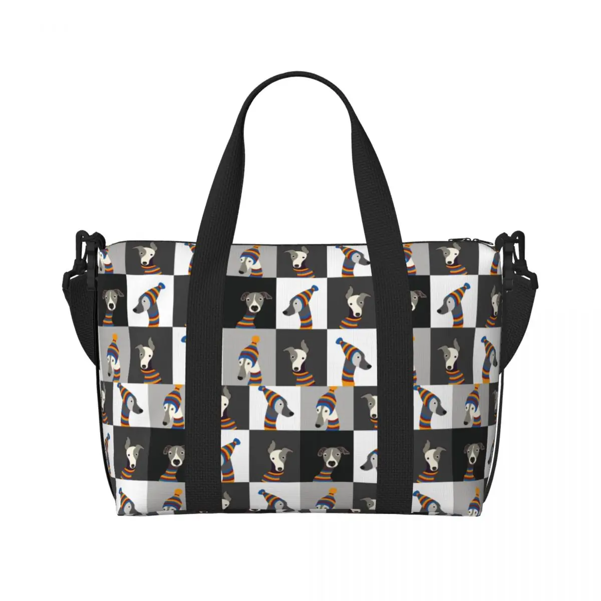 Custom Funny Cartoon Greyhound Whippet Dog Beach Tote Bag for Women Sighthound Hound Large Compartment Beach Gym Travel Bags