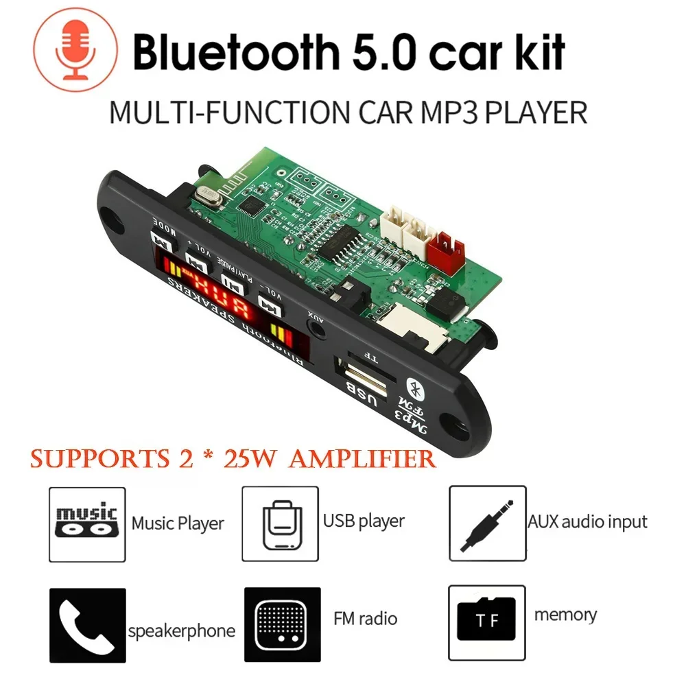 블루투스 5.0 자동차 키트, MP3 플레이어 FM 라디오 TF USB 3.5mm AUX 모듈, 50W 앰프, 12V MP3 디코더 보드