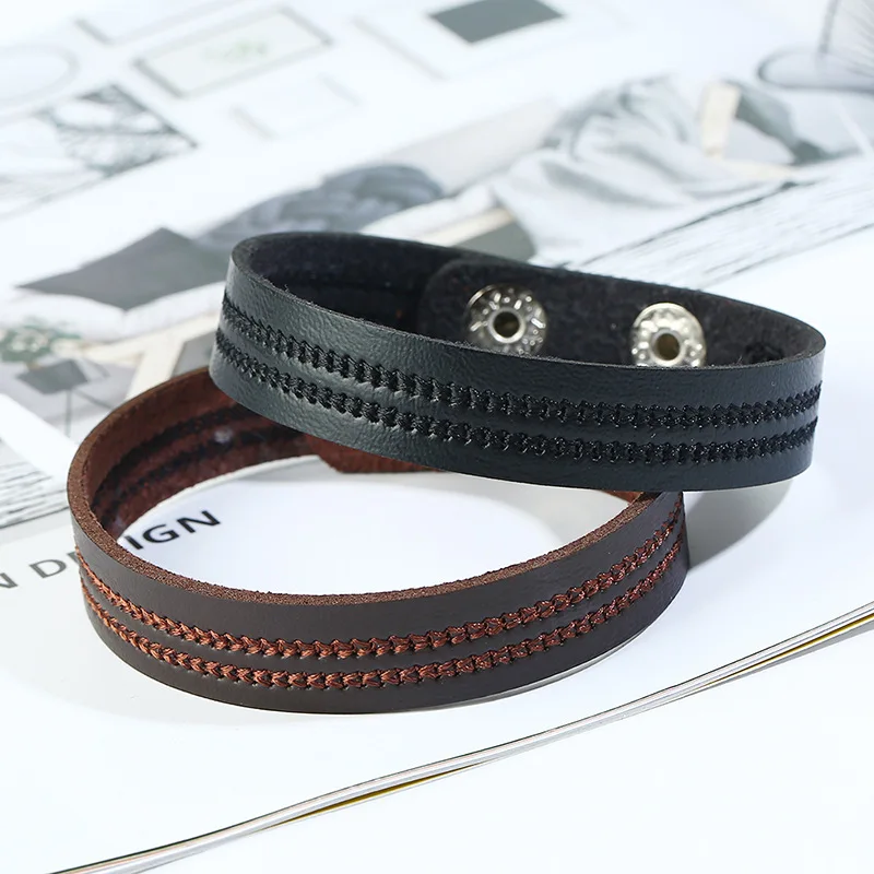 Retro Hand Double Stitch Leather Wrist Bracelet Two Snap Buttons Adjustable Cow Leather Band Gothic Biker Unisex Daily Accessory