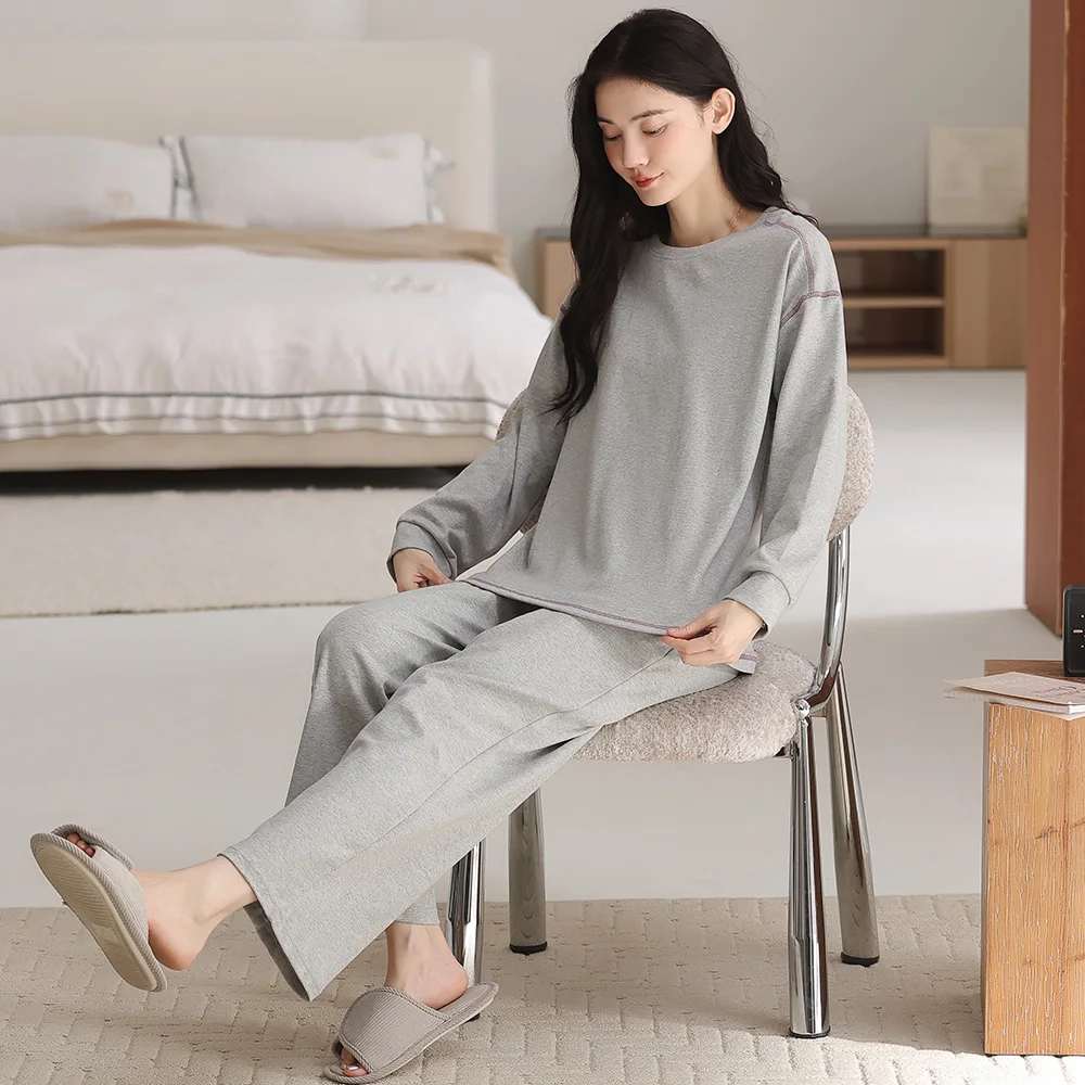 

Осень-зима, женский пижамный комплект из 100% хлопка с длинным рукавом и круглым вырезом, мягкая женская домашняя одежда для отдыха, одежда для сна M-XXL