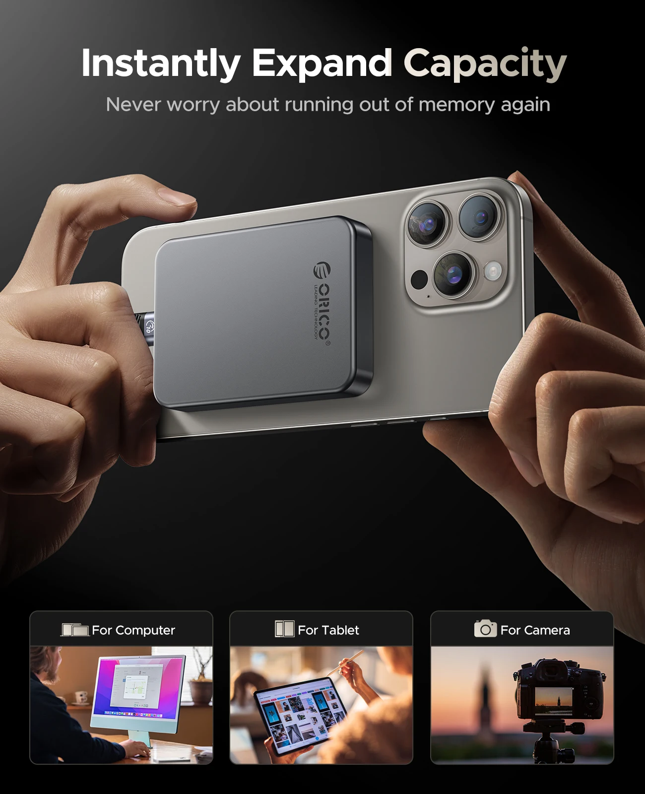 ORICO 1TB Magnetic SSD, PD100W Charging, 4K ProRes HDR, 1000MB/s USB 3.2, Portable External Drive for iPhone 16/15, Laptops