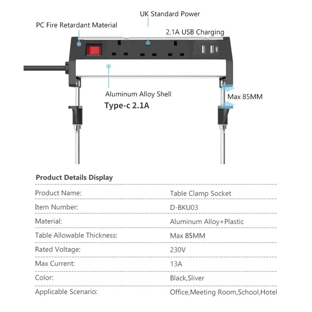 Melery الجدول كليب قطاع الطاقة المشبك المقابس البريطانية USB نوع-c الكهربائية المملكة المتحدة المقابس 3 منفذ مكتب المؤتمرات المطبخ مكتب المنزل
