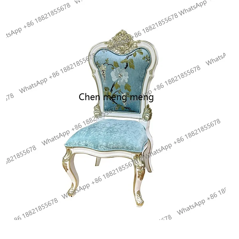 كرسي طعام أوروبي قماش مطرز حقيبة ناعمة كرسي كامل من الخشب الصلب نحت زهرة طاولة طعام كرسي منزلي #4