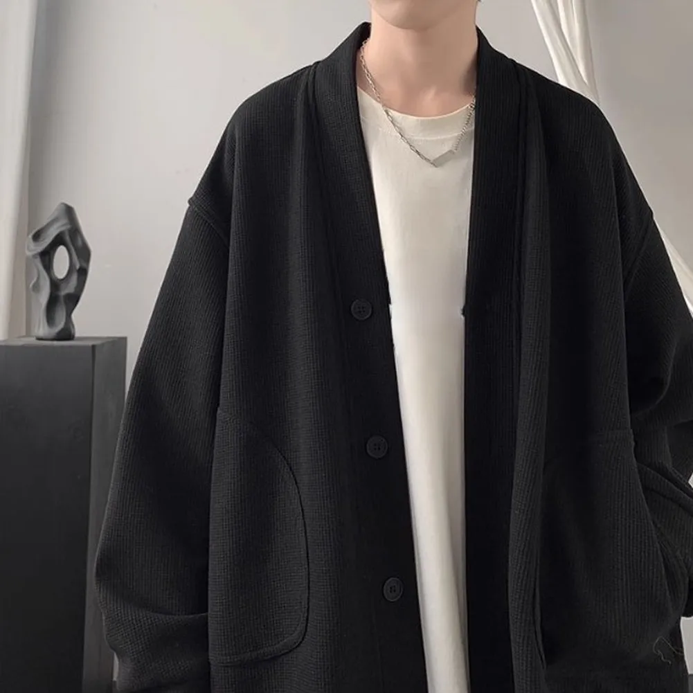Casual Men's Solid Color Cardigan Jacket with Waffle Weave Texture Long Sleeve V-Neck Outerwear Layering Piece