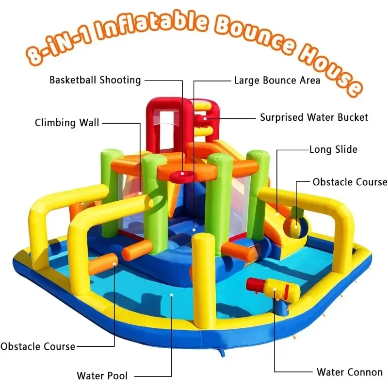 Inflatable Obstacle Bounce House Water Park with Water Slides Surprise Dump Bucket Obstacles Jumping Tunnels