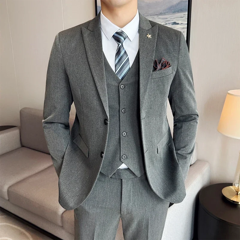 LIBIELIY 2025 High Quality Fashion Handsome (suit + Vest + Trousers) Solid Color Casual Trend Business Wedding Three-piece Set