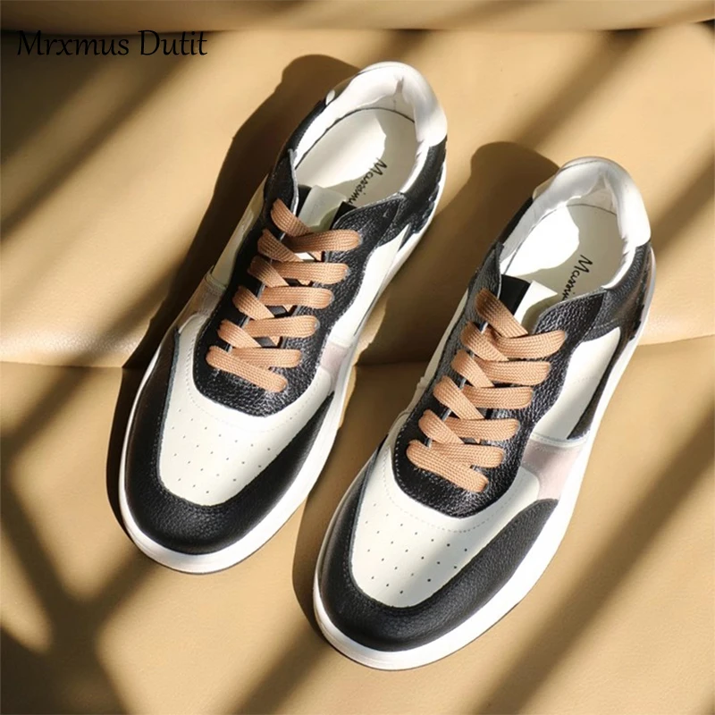 Mrxmus Dutit 2023 New Women Fashion Genuine Leather Flat Round Neck Lacing Shoes Simple Solid All-match Casual Sneaker Female