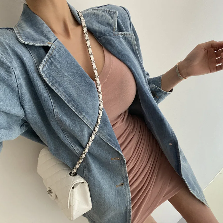Retro Waed Denim Jaet Women's Bubble Sve Loose Faion Summer Open Ba Suit Top Cotton Busin Sle Long Sve