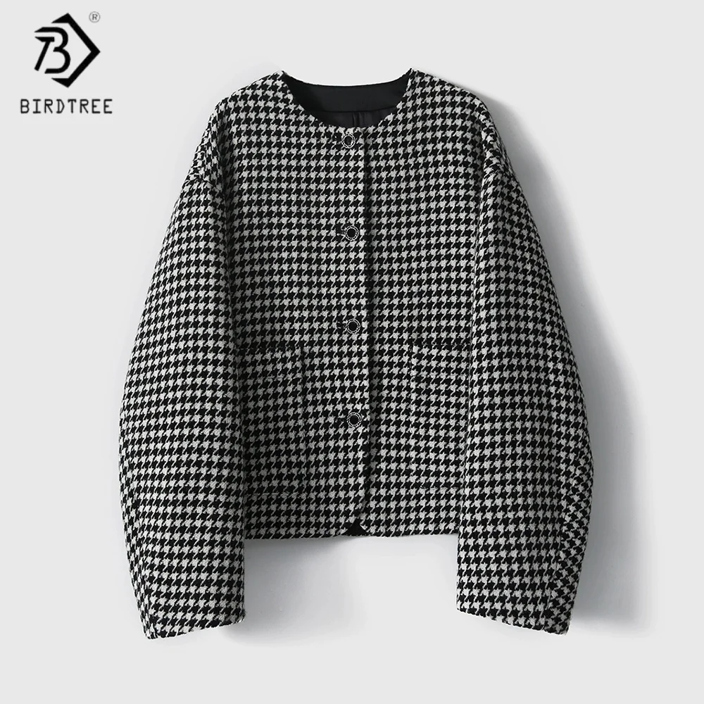 

Birdtree,100% Sheep Wool Coat,Woman Houndstooth Loose Jacket,Single Breasted,O-neck,2025 Autumn Winter Short Coats T5N916JF