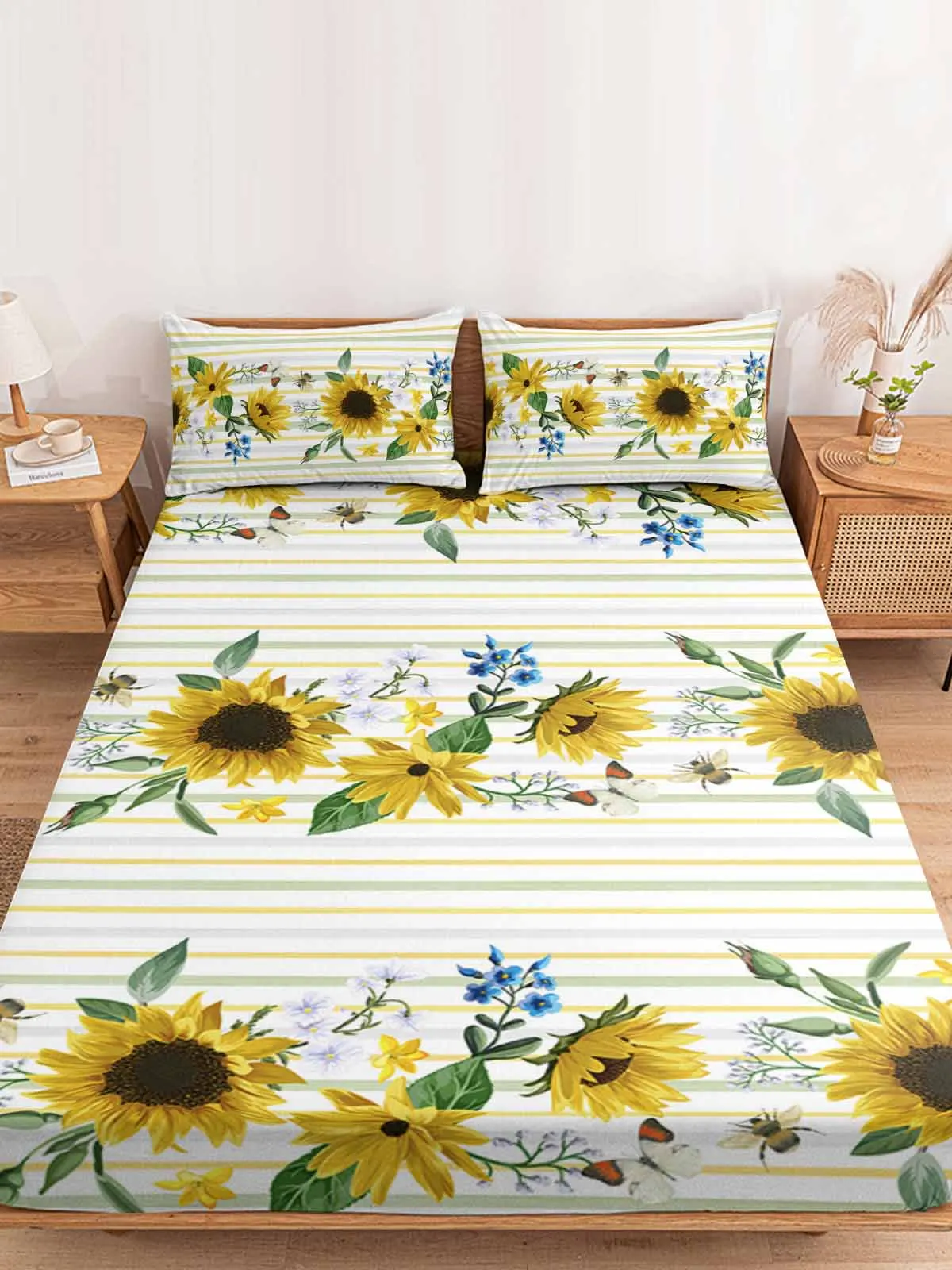 

Sunflower Stripes Summer American Idyllic Fitted Sheet Elastic Bands Non Slip Adjustable Mattress Covers Single Twin King Bed