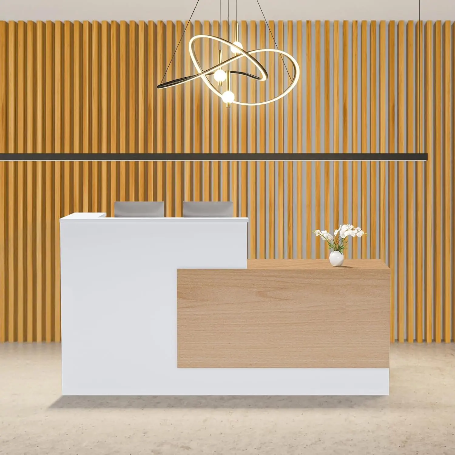 Reception Desk with Lockable Drawers, L-Shaped Large Wooden Modern Front Desk Reception Counter with Storage & Keyboard Tray, fo