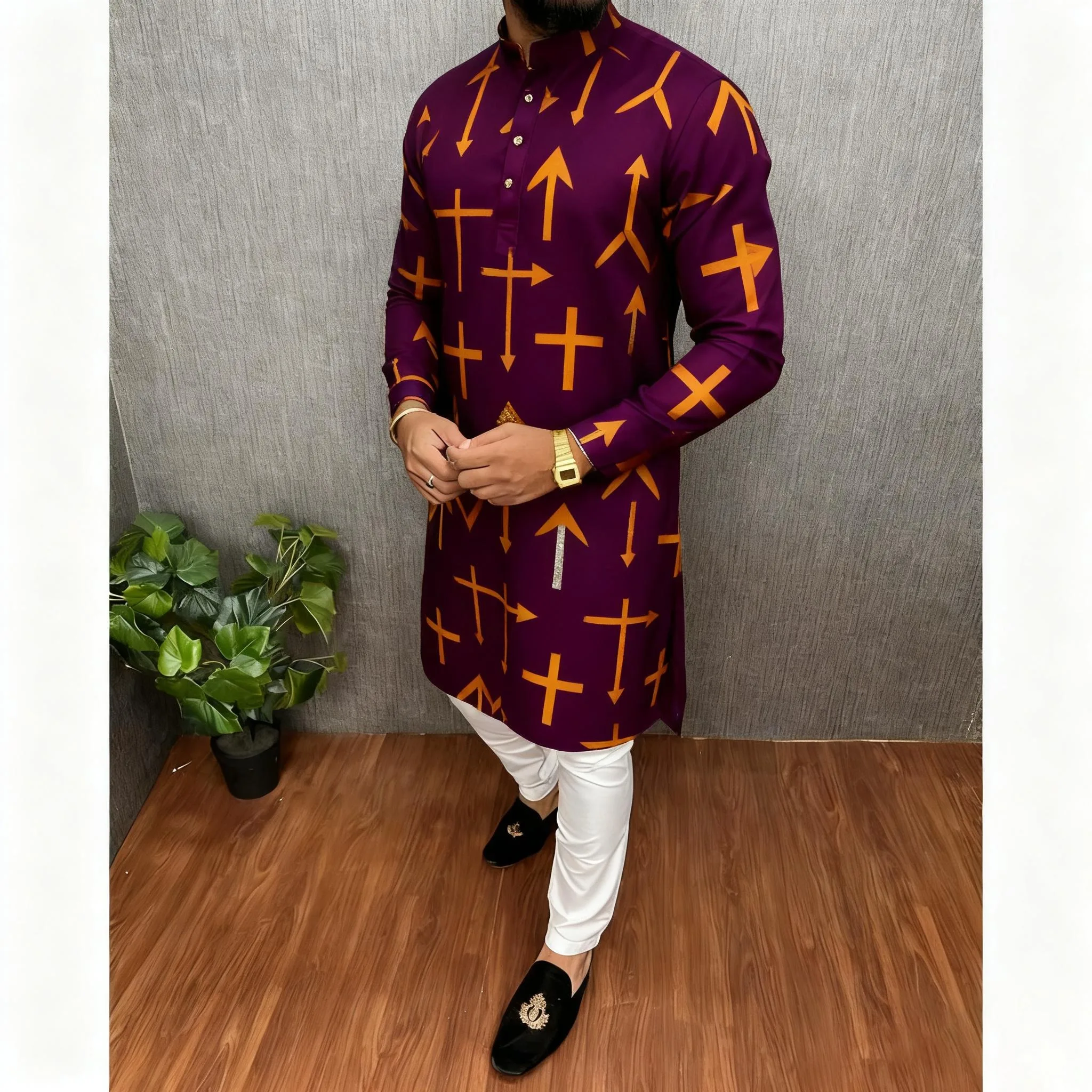 Stile nazionale Uomo Stampato digitale Kurta Vardha Regular Mandarin Lungo Adatto Gandoura Homme Marocaine Khamiis Uomini musulmani