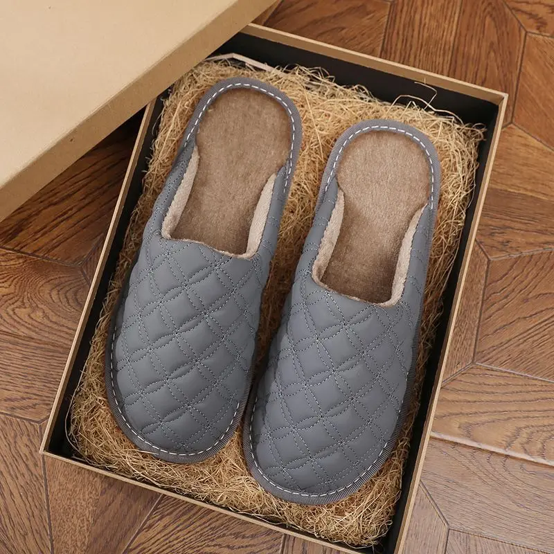 Winter PU Leather Waterproof Indoor Slippers Warm Plush Non-slip Soft Sole Fuzzy Cotton House Slippers for Men Women Couples