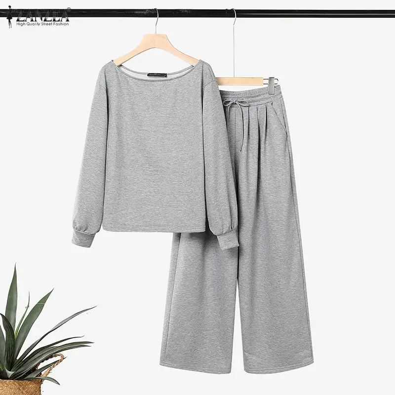 2PCS ZANZEA Women Pant Sets Autumn Off Shoulder Sweatshirt Long Sleeve Tops Wide Leg Pants Two-piece Outfits Casual Streetwear