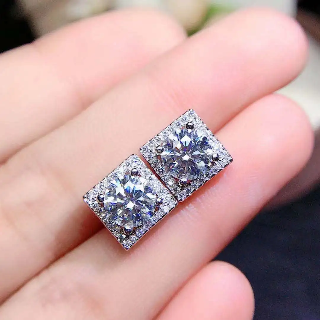 925 Sterling Silver Moissanite Stud Earrings 2 Carat Cut Diamonds Passed Test D Color Moissanite Square Fine Stone Jewelry