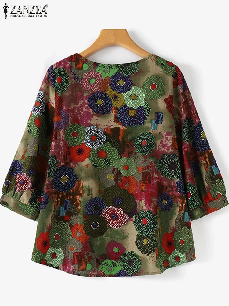 PLUS ขนาดเสื้อ ZANZEA ผู้หญิงเสื้อผ้าฝ้าย 2025 ฤดูร้อนแขนยาว Retro ดอกไม้พิมพ์เสื้อ VINTAGE Office Lady Tops 0XL-5XL