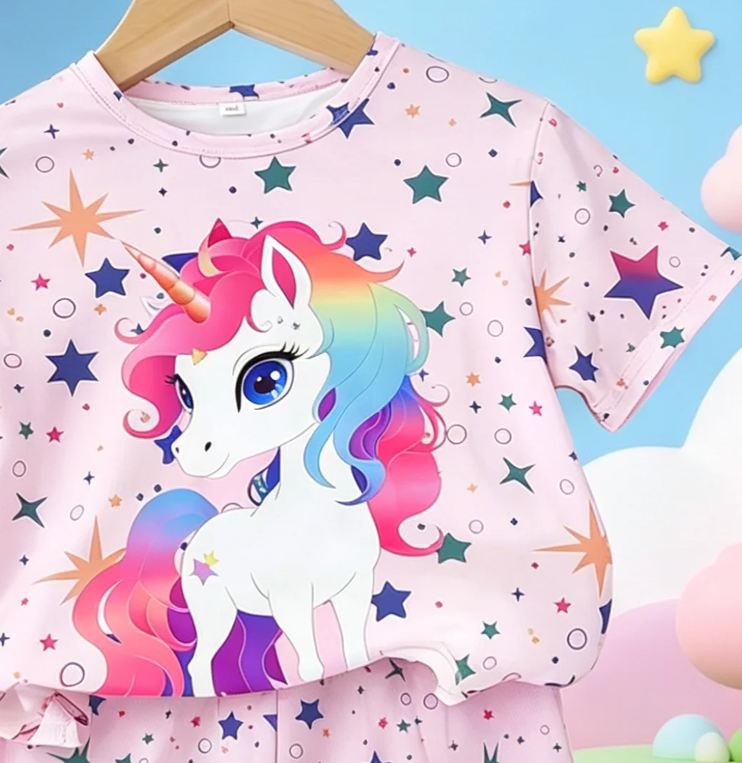 Set mit Einhorn-Print für Mädchen, rosa, kurzärmelig, mit Stern-All-Over-Print, Shorts im süßen Stil – Detail 4