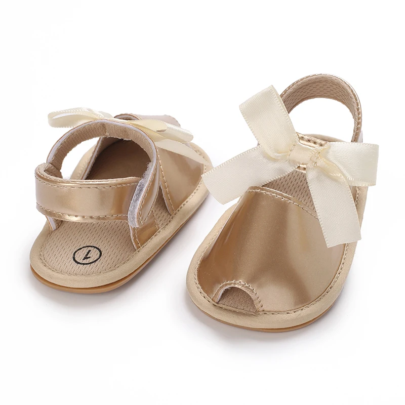 Summer Cute Girl With Bow Fashionable Flat Shoes Pu Soft Rubber Sole Design Baby Indoor And Outdoor Sandals