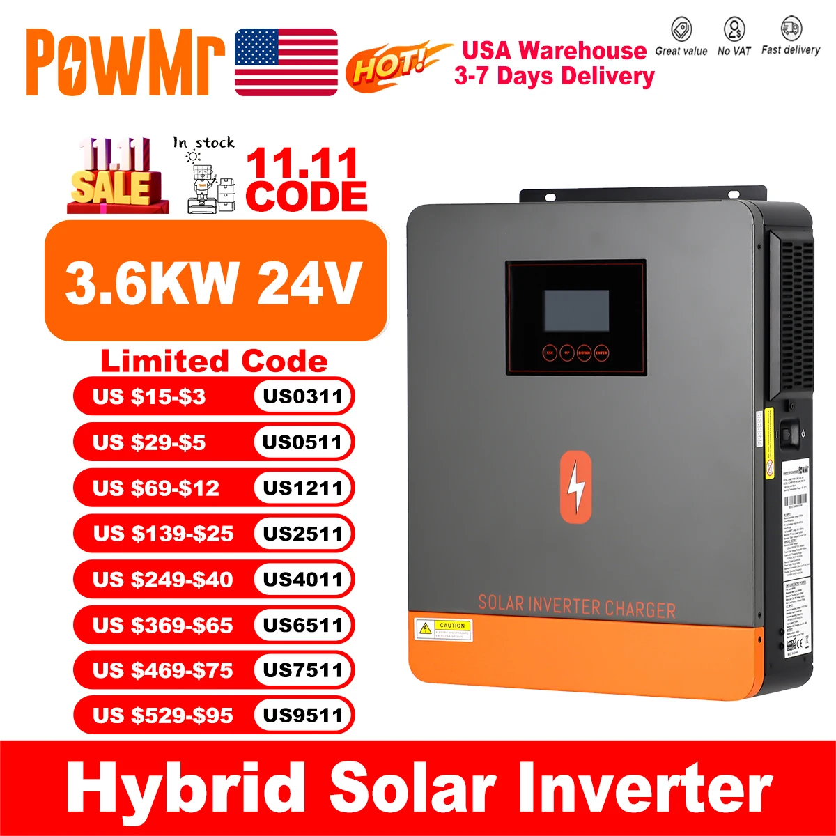 

PowMr USA 3,6 кВт Гибридный солнечный инвертор от 24 В до 110 В 120 В с двойным выходом и чистой синусоидой 120 А MPPT Контроллер заряда солнечной энергии 50/60 Гц