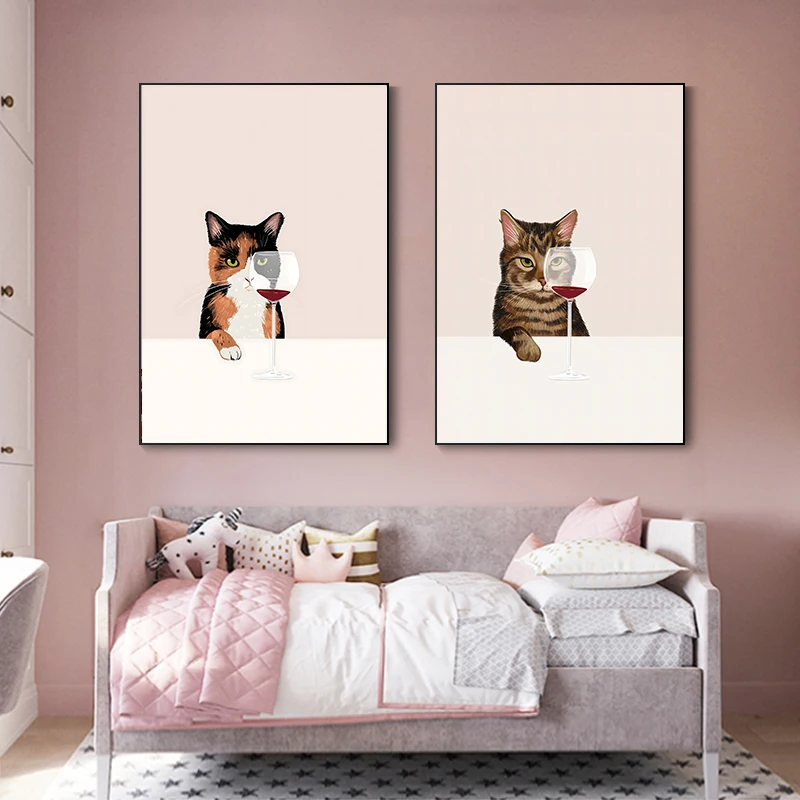 لوحة قماشية مضحكة للقطط بالأبيض والأسود ، ملصق ومطبوعات للنبيذ الأحمر ، فن جداري لمحبي القطط ، صور لغرفة المعيشة ، المطبخ ، ديكور المنزل #5