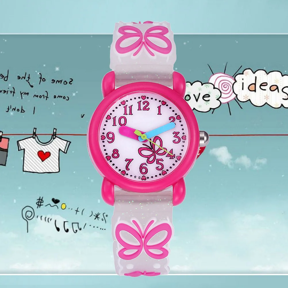 

3D Cartoon Waterproof Watch for Kids Silicone Band Quartz Movement Dinosaur Pattern Rosy White Background